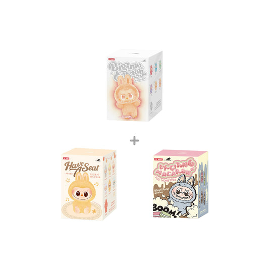 POP MART THE MONSTERS COMBO SET 3: Big into Energy Series Vinyl Plush Pendant + Exciting Macaron + Have a Seat (Single Blind Boxes)